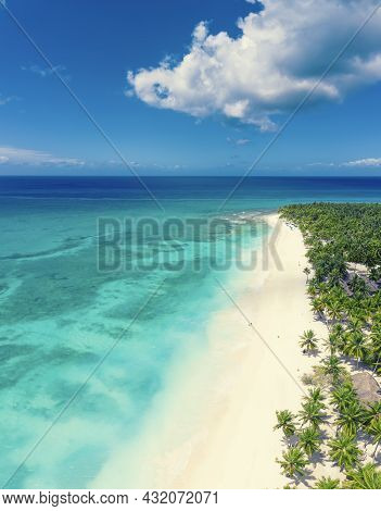 Beautiful Caribbean Beach On Saona Island, Dominican Republic. Aerial View Of Tropical Idyllic Summe