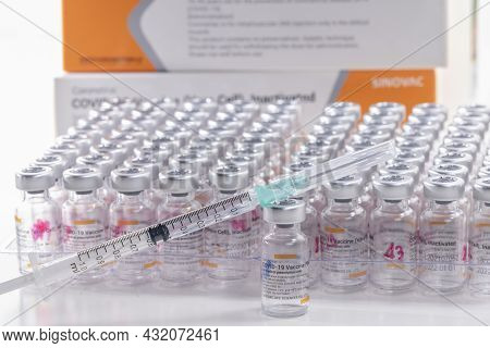 Thailand - Aug 27 , 2021 Close Up Of Sinovac Vaccine Vials Bottles For Stop Pandemic , Covid-19 Vacc