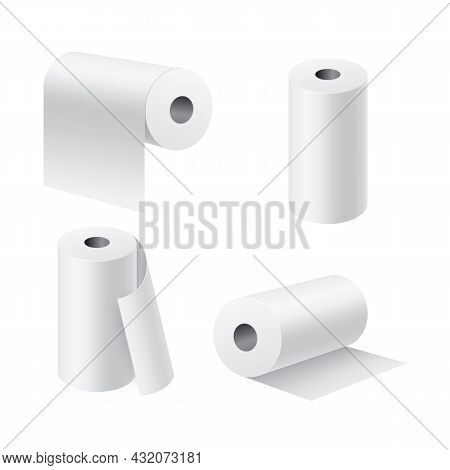Paper Rolls Realistic. 3d White Kitchen Towel Or Toilet Tissue On Cardboard Cylinder, Hygiene Produc