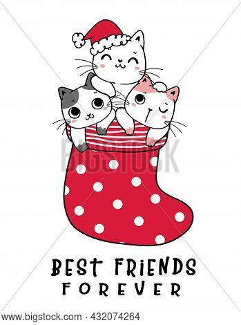 Cute Three Kitten Cat Friend In Red Christmas Polka Dot Sock, Friendship, Childlike Cartoon Flat Vec