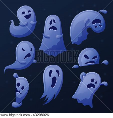 Cartoon Cute Ghost. Funny Ghosts Collection, Spooked Halloween Symbols. Spooky Phantom, Funny Emotio