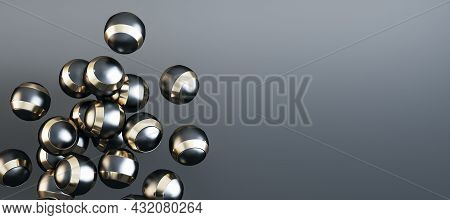 Creative Wide Image Of Shiny Metal Silver Balls On Grey Background With Mock Up Place. Design Concep