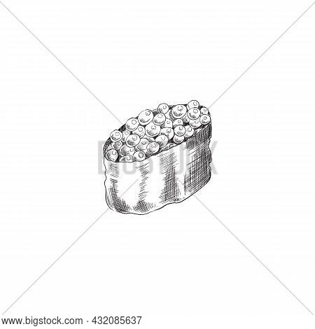 Gunkan Or Yaki Sushi, Engraving Black And White Vector Illustration Isolated.