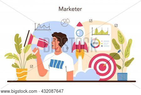 Marketer Set. Marketing Strategy And Communucation With A Customer