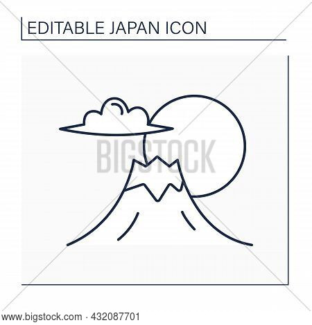Fuji Mount Line Icon. Japan Highest Mountain. Traditional Symbol. Composite Cone, Stratovolcano. Bea
