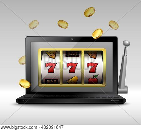 Online Gambling Concept With Laptop And Slot Machine Handle And Coins Vector Illustration