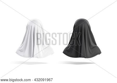 Blank Black And White Female Al-amira Mockup, Back View, 3d Rendering. Empty Chiffon Shayla Or Burka