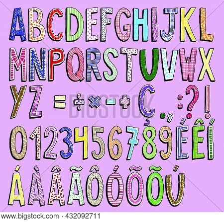 Hand Drawn Colorful Letters. Numbers, Math Signs, Accents, Commas, Periods, End, Semicolon, Exclamat