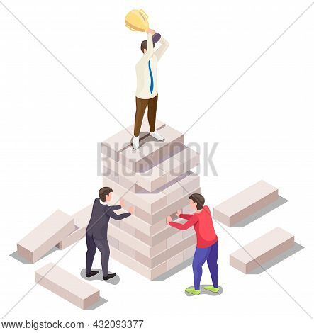 Business People Playing Jenga Board Game, Vector Isometric Illustration. Competitive Fight In Busine