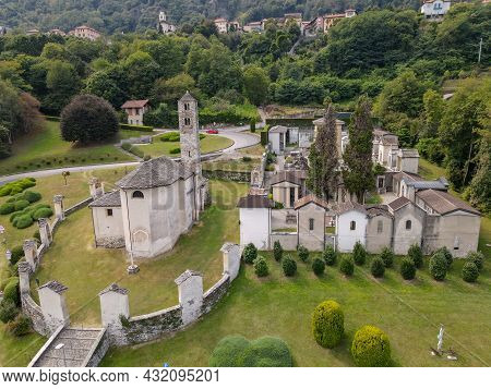Drone View At Saint Filiberto Church At Pella On Lake Of Orta, Italy