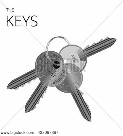 A Keychain With 4 Metal Keys, Realistic Key Vector
