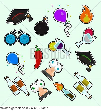 Assorted Party Stickers, Flat Illustration. Flat Party Icons Set