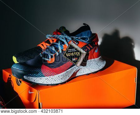 Paris, France - Jun 26, 2021: Close-up Of New Gore-tex Nike Running Train Shoes