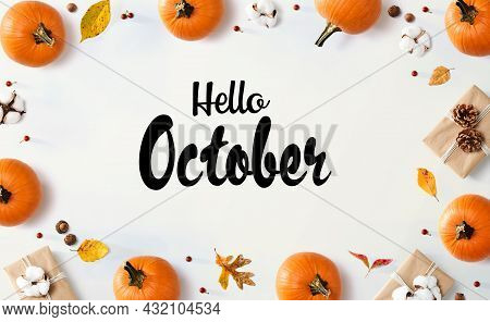 Hello October Message With Autumn Pumpkins With Gift Boxes