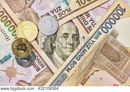Cryptocurrency Coin, Us Dollar And Uzbek Sums. Bitcoin And Ethereum, Us Dollar And Uzbek Sum Banknot