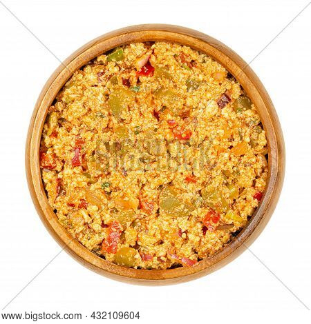 Vegan Liptauer Bread Spread, In A Wooden Bowl. Spicy Spread, Made Of Crumbled White Tofu, Red Pepper