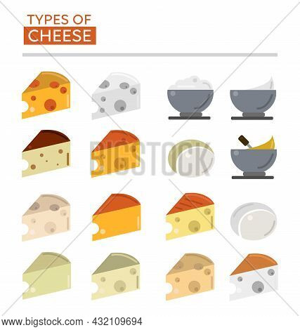 Types Of Cheeses. Flat Image Cheesses. Icons Of The Most Popular Cheeses