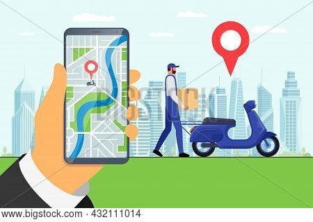 Delivery Online Service App On Smartphone Screen And Courier Brought Cargo Goods Package Box On Mope