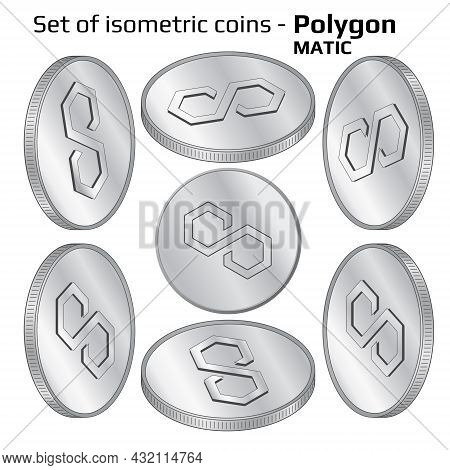 Set Of Coins Polygon Matic In Isometric View In Black And White Isolated On White. Vector Illustrati