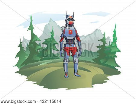 A Humanoid Robot Stands Against The Background Of A Mountain Landscape. Android In The Wild Nature, 