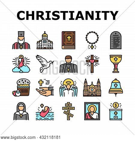 Christianity Religion Church Icons Set Vector. Christianity Cross And Crucifixion, Cathedral And Mon