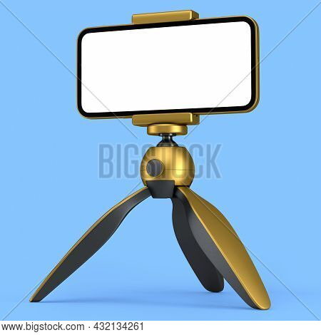 Realistic Smartphone With Blank White Screen On Gold Tripod Isolated On Blue Background. 3d Renderin