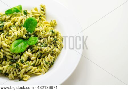 Pesto And Pine Nut Pasta Salad, Fusilli Pasta With Regato Cheese And Baby Spinach Coated In Basil Pe