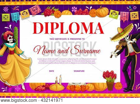 Diploma With Cartoon Mexican Characters, Education Certificate, Vector Template. Kids School Diploma
