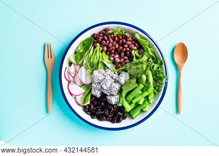 Healthy Vegan Salad Vegetables With Lettuce, Corn Salad, Radish, Kidney Bean, Azuki Bean And Green B