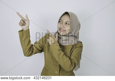 Smile Government Worker Women Pointing Beside. Pns Wearing Khaki Uniform.