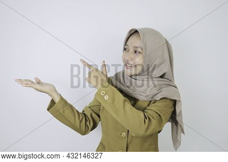 Smile Government Worker Women Pointing Beside. Pns Wearing Khaki Uniform.