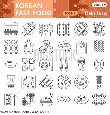Korean Fast Food Line Icon Set, Asian Cuisine Symbols Collection Or Sketches. Catering Thin Line Lin