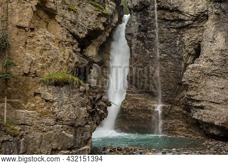 Waterfall At The Johnston Canyon In Banff. Johnston Canyon, Alberta, Canada