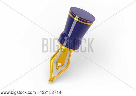 Sharp Golden Feather 3d Render Illustration. Detailed Picture Of Tool For Writing Flat Style. Front 
