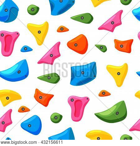Gym Climbing Grips On A White Background Seamless Pattern. Imitation Of A Rock. Various Fasteners. C