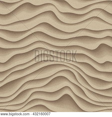 Beach Sand Waves Background In Top View. Sandy Dunes Pattern. Desert Surface Terrain, Seamless Textu