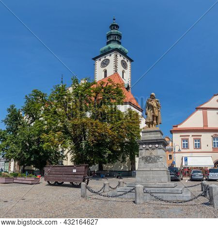 Tabor, Czech Republic - 07 24 2021: Historic Zizka Square With Jan Zizka Monument And Church