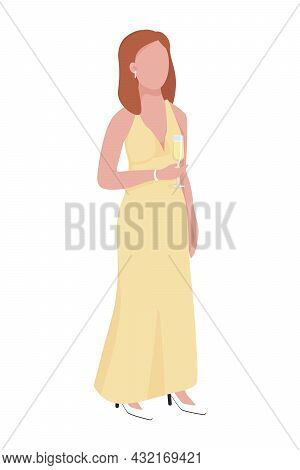 Woman In Yellow Luxury Dress Semi Flat Color Vector Character. Full Body Person On White. Visit To R