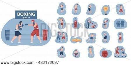 Boxing Compositions Flat Set Of Male And Female Sportsmen Characters Trainers Gloves Punching Bag Is