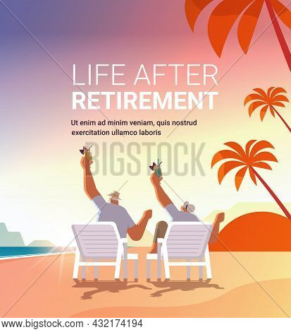 Senior Man Woman Drinking Cocktails On Tropical Beach Aged Couple Having Fun Active Old Age Concept 