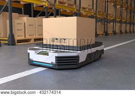Autonomous Robot Transportation In Warehouses, Warehouse Automation Concept. 3d Illustration