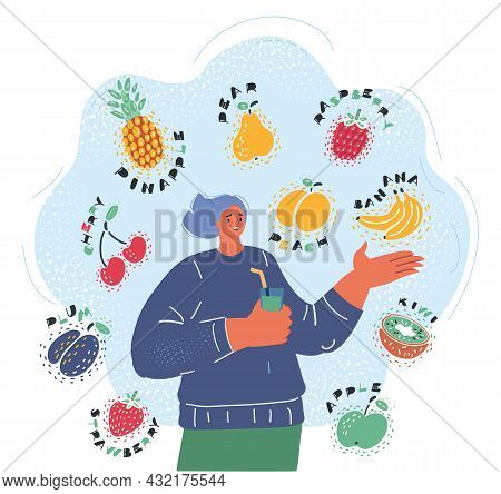 Vector Illustration Of Image Of A Woman With Glass Of Healthy Smoothie And Differen Fruit Arround.