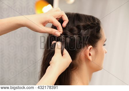 Professional Stylist Braiding Client's Hair On Blurred Background
