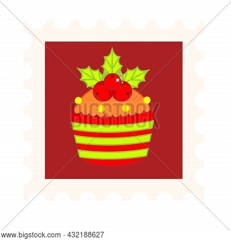 Chiristmas Postal Stamp With Ilex Cupcake. New Year Postage Symbol. Vector Icon For Winter Holidays 