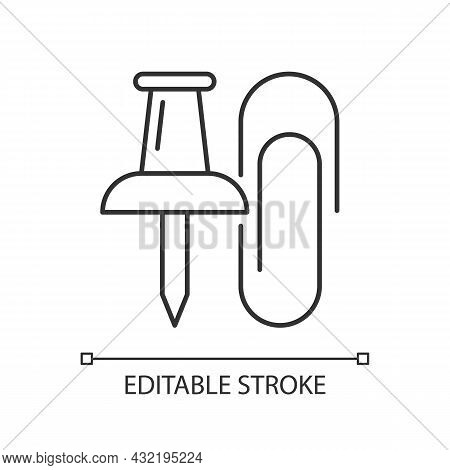 Pins And Paper Clips Linear Icon. Office Supplies. Binding Paper Sheets Together. Hanging Notes. Thi