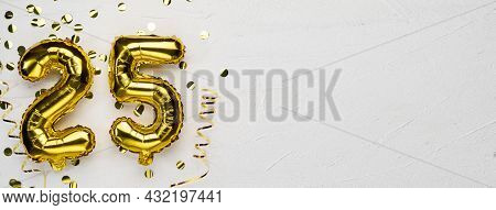Golden Foil Balloon Number Twenty Five. Birthday Or Anniversary Card With The Inscription 25. Gray C