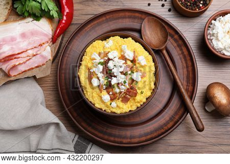 Delicious Traditional Banosh Served On Wooden Table, Flat Lay