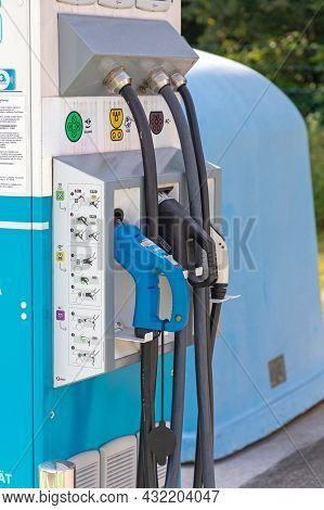 Otocec, Slovenia - June 12, 2019: Fast Charger For Electric Vehicles At Petrol Station Near Otocec, 