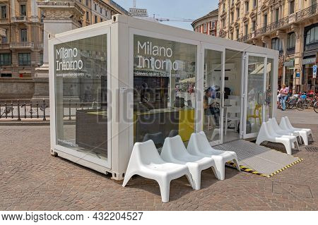 Milan, Italy - June 15, 2019: Converted Cargo Container For Art Installation At Piazza Cordusio In M