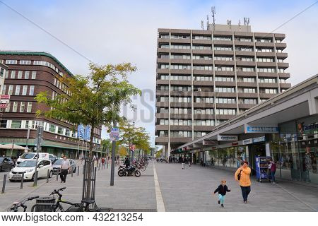 Gelsenkirchen, Germany - September 17, 2020: People Visit Downtown City Street In Gelsenkirchen, Ger